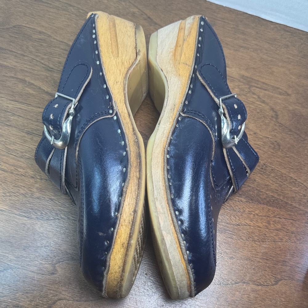 Vintage 70s Womens Bastad Toffeln Wooden Navy Blue Leather Buckle Clogs, sz 38 - Picture 10 of 14